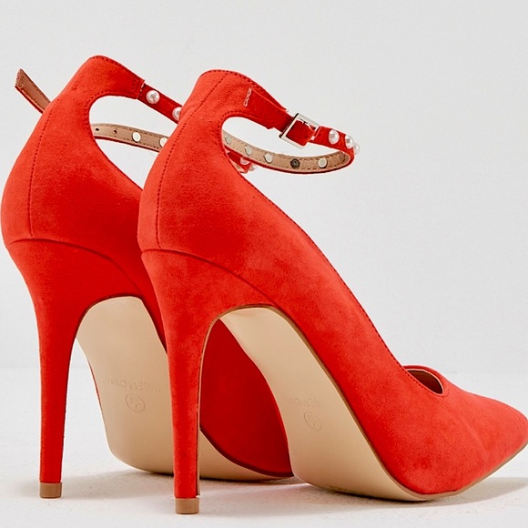 Nasty Gal Truffle Collection Red Pointed Toe Heels w/ Pearl Studded Ankle Straps - Picture 15 of 16
